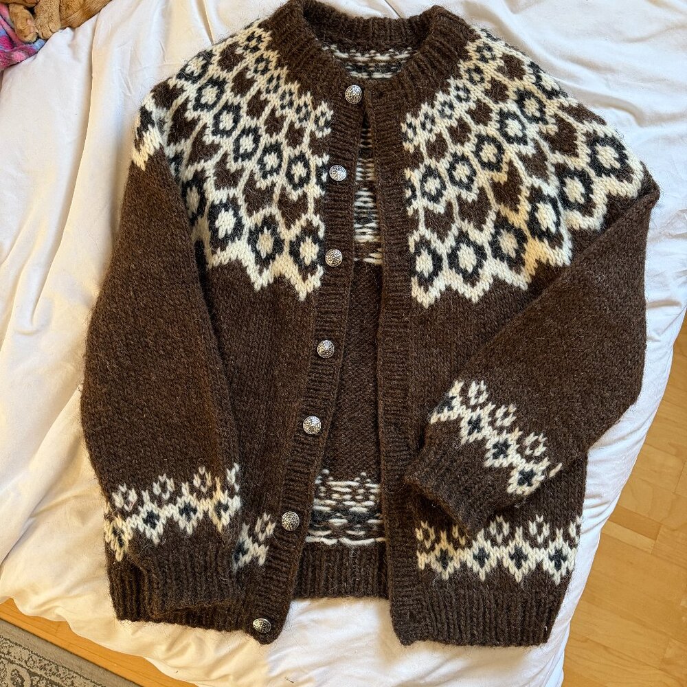 Icelandic Wool Lopapeysa Cardigan Sweater Brown White Size XL